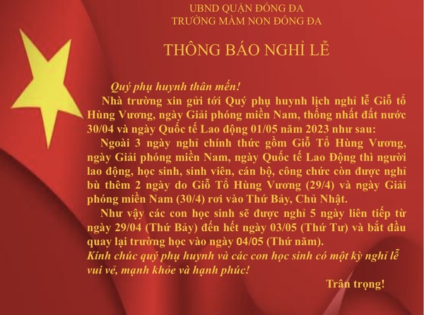 THÔNG BÁO nghỉ lễ 30/04 và 01/05