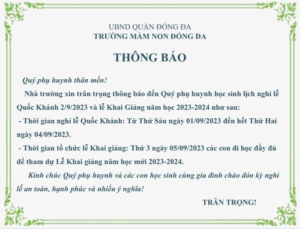 THÔNG BÁO lịch nghỉ lễ Quốc Khánh 2/9/2023 và lễ Khai Giảng năm học 2023-2024 